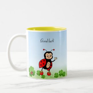 Cute Ladybug, Four-leaf Clovers on Light Blue