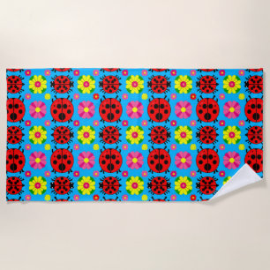 🐞 Cute Ladybug Garden on Blue Floral Scene 🌿 Beach Towel
