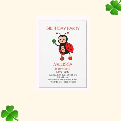 Cute Ladybug Girl Birthday Party Invitation