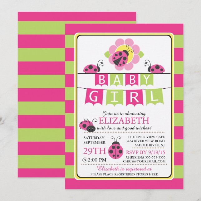 Cute Ladybug Girls Baby Shower Invitation (Front/Back)