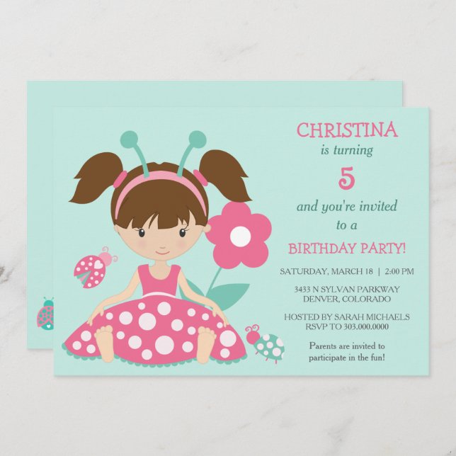 Cute Ladybug Girls Birthday Party Invitation (Front/Back)