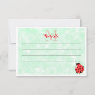 Cute Ladybug Green Watercolor Lined Monogram Note Card