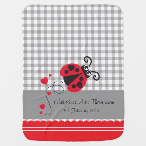 Cute ladybug grey red custom name date blanket