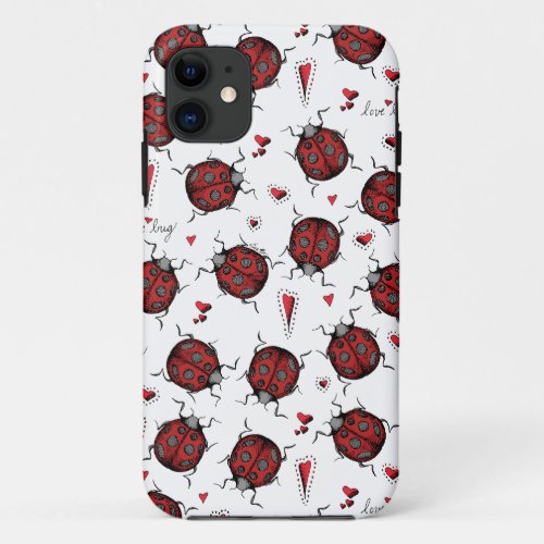 Cute Ladybug Hearts Lovebug Handdrawn Illustration iPhone 11 Case