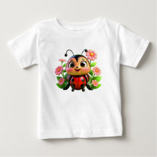 Cute Ladybug Illustration Surrounded by Flowers Baby T-Shirt