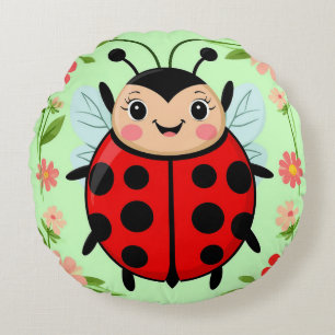 Cute Ladybug Illustration Surrounded by Flowers Round Pillow