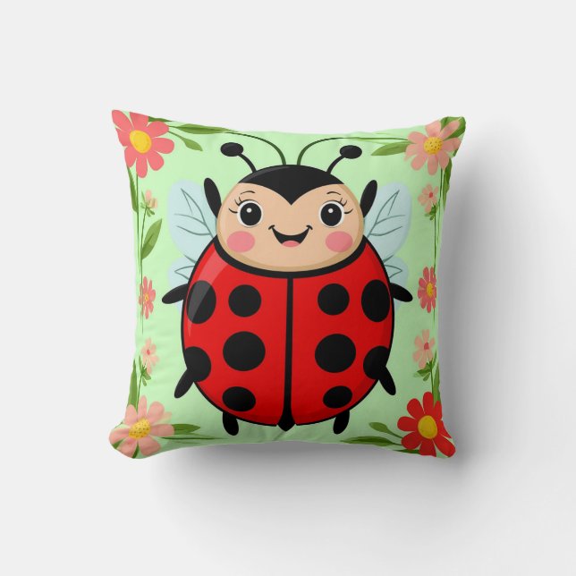 Cute Ladybug Illustration Surrounded by Flowers Throw Pillow (Front)
