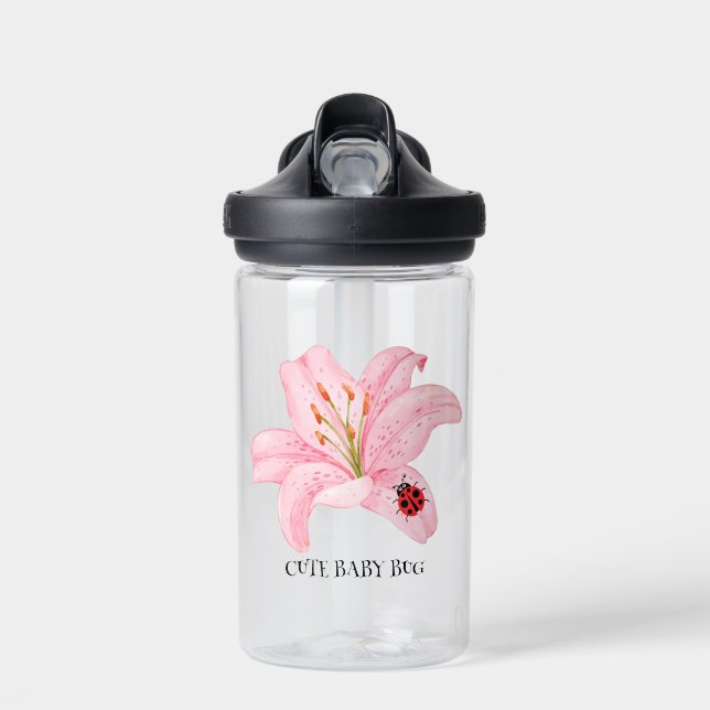 Cute ladybug lily flower school kids girly water bottle (Front)