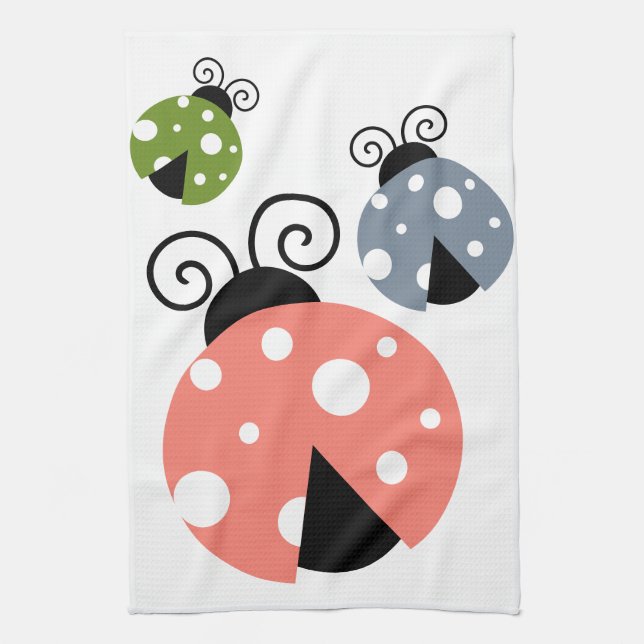 Cute Ladybug Mom & Ladybug Babies Pink Green Blue Kitchen Towel (Vertical)