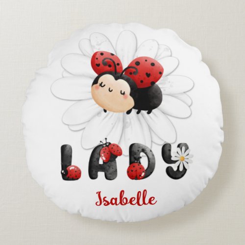 Cute Ladybug Name White Red Girl Round Pillow