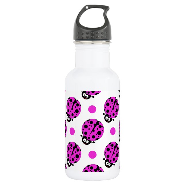 Cute Ladybug, Neon Purple & White Polka Dots Water Bottle (Front)