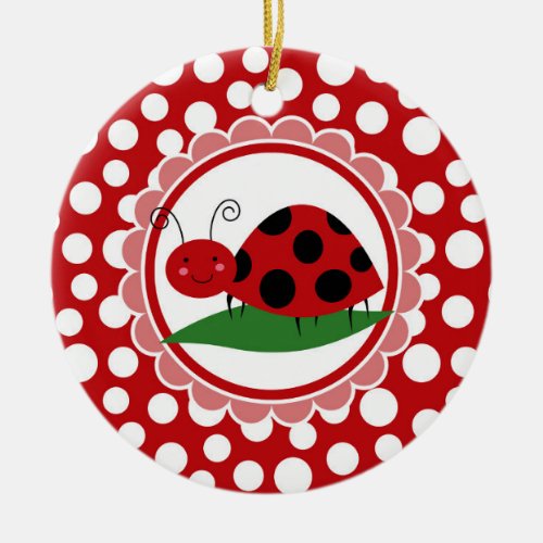 Cute Ladybug On A Leaf _ Girls Red Black Ceramic Ornament