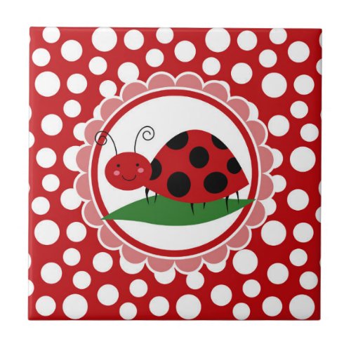 Cute Ladybug On A Leaf _ Girls Red Black Ceramic Tile