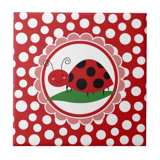 Cute Ladybug On A Leaf - Girls Red Black Ceramic Tile (Front)