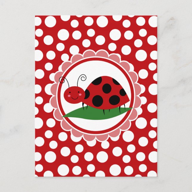 Cute Ladybug On A Leaf - Girls Red Black Postcard (Front)