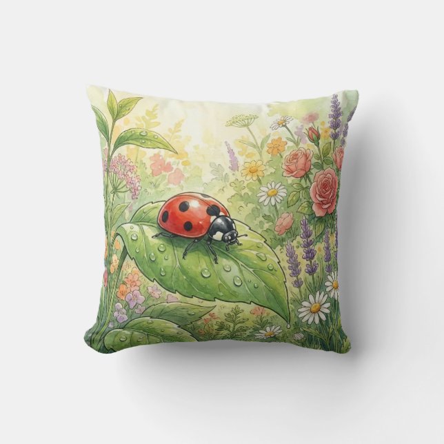 Cute Ladybug On A Leaf Tiny Insects  Throw Pillow (Front)