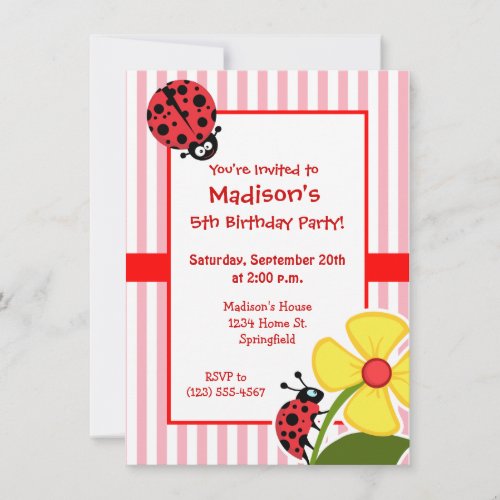 Cute Ladybug on Bubble Gum Pink Stripes Custom Announcements