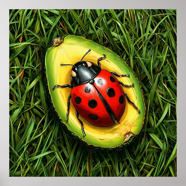 🐞 Cute Ladybug on Grass Avocado Nature Mini World Poster (Front)