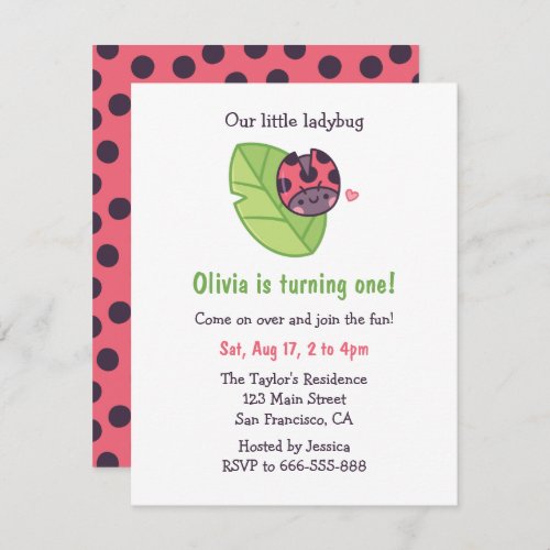 Cute Ladybug On Leaf Doodle Girls Birthday Party Invitation