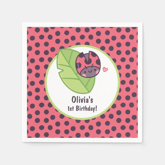 Cute Ladybug On Leaf Girls Birthday Party Supplies Napkins (Front)