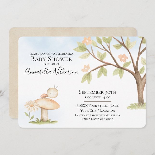 Cute Ladybug on Mushroom Garden Theme Baby Shower Invitation (Front/Back)