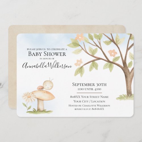 Cute Ladybug on Mushroom Garden Theme Baby Shower Invitation