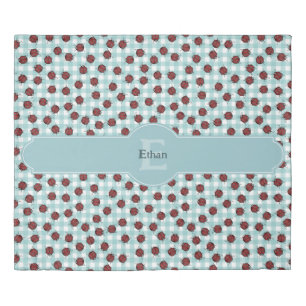 Cute Ladybug Pattern Blue Gingham Monogram & Name Duvet Cover