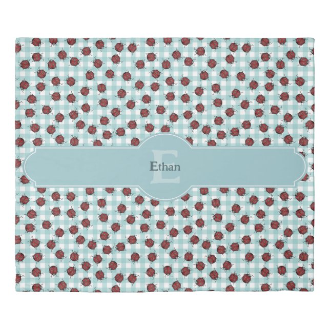 Cute Ladybug Pattern Blue Gingham Monogram & Name Duvet Cover (Front)