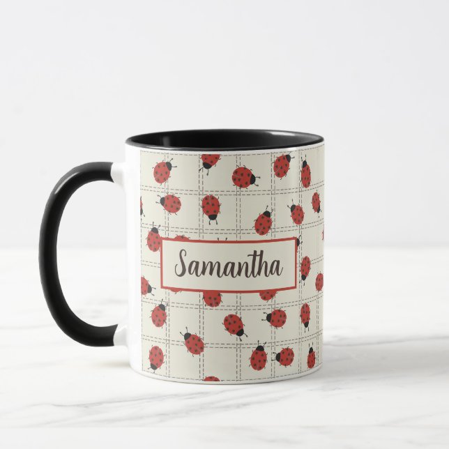 Cute ladybug pattern & Custom Name on Cream White Mug (Left)