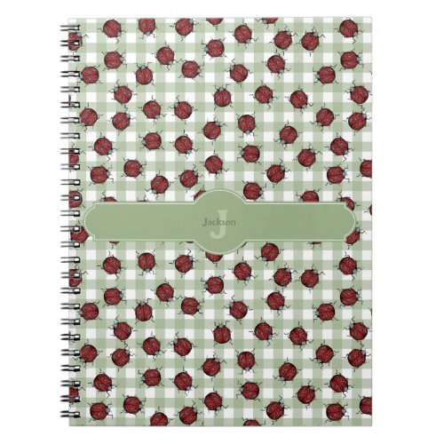 Cute Ladybug Pattern Green Gingham Monogram Name Notebook