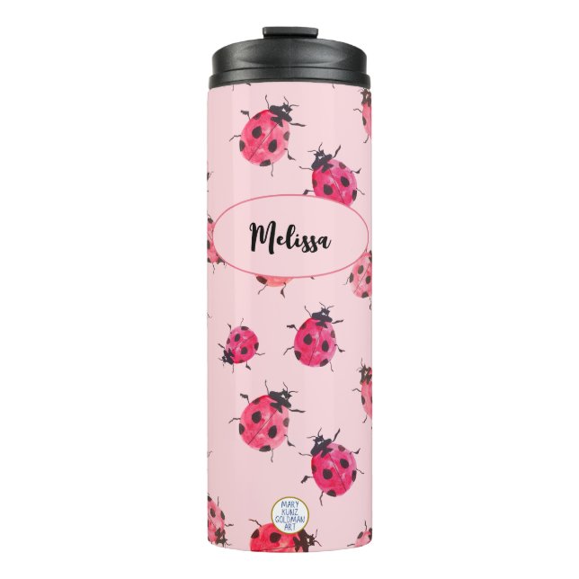 Cute Ladybug Pattern Personalized Girly Pink Thermal Tumbler (Front)