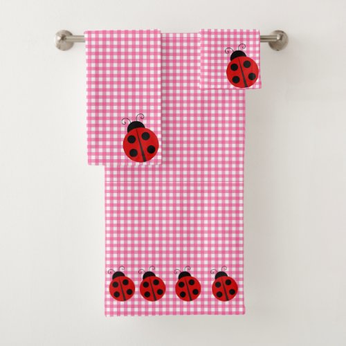 Cute Ladybug Pink and White Picnic Checks Gingham Bath Towel Set