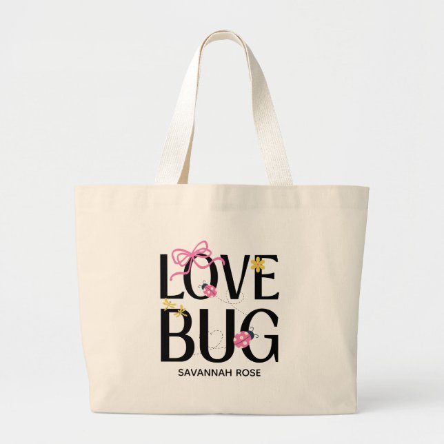 Cute Ladybug Pink Girl Baby Shower Large Tote Bag (Front)