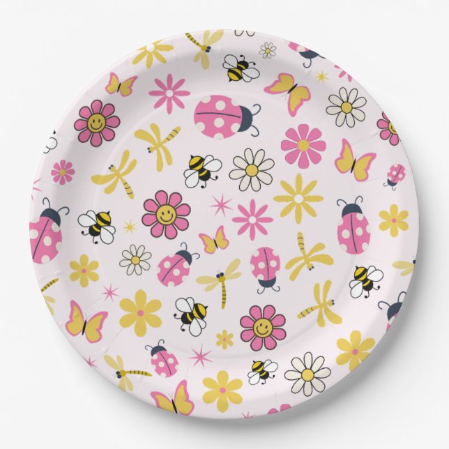 Cute Ladybug Pink Girl Baby Shower Paper Plates (Front)