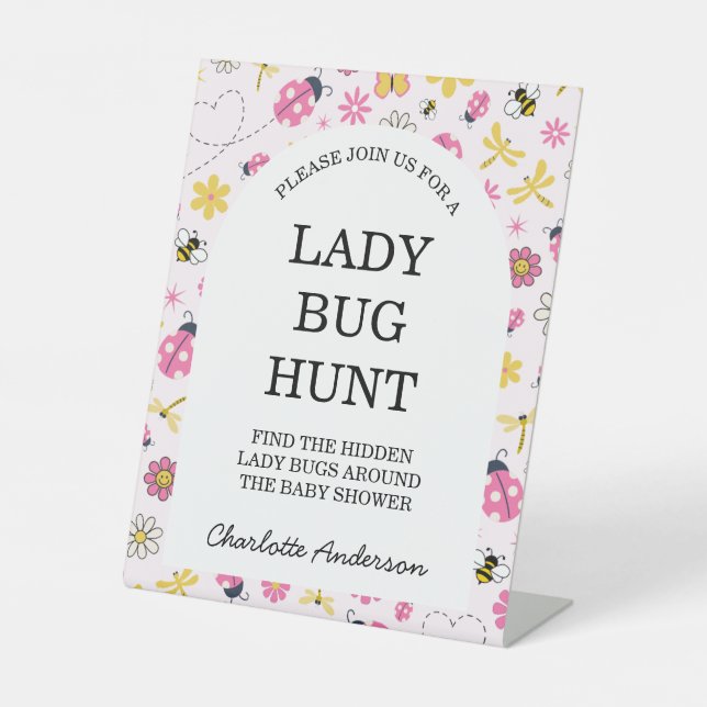 Cute Ladybug Pink Girl Baby Shower Pedestal Sign (Front)