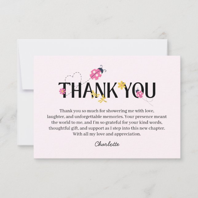 Cute Ladybug Pink Girl Baby Shower Thank You Card (Front)