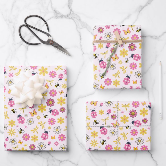 Cute Ladybug Pink Girl Baby Shower Wrapping Paper Sheets (Front)