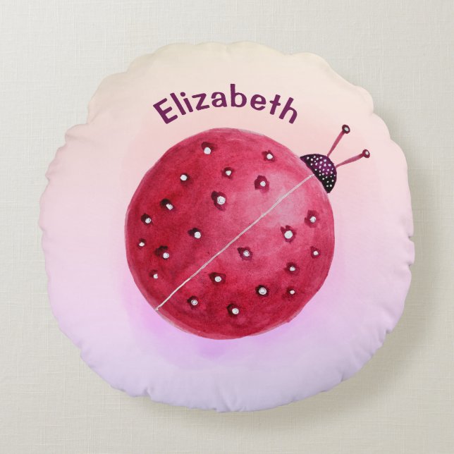Cute Ladybug Pink Girl Name Round Pillow (Front)