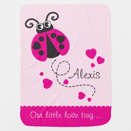 Cute ladybug pink hearts scallop edge name blanket