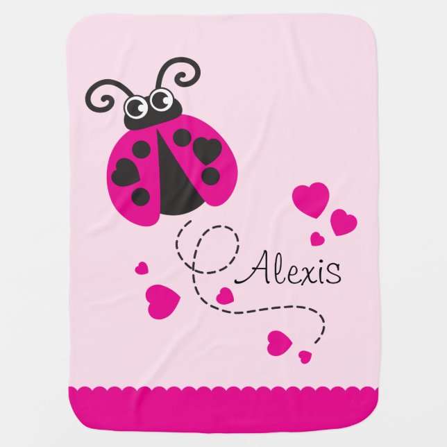 Cute ladybug pink hearts scallop edge name blanket (Front)