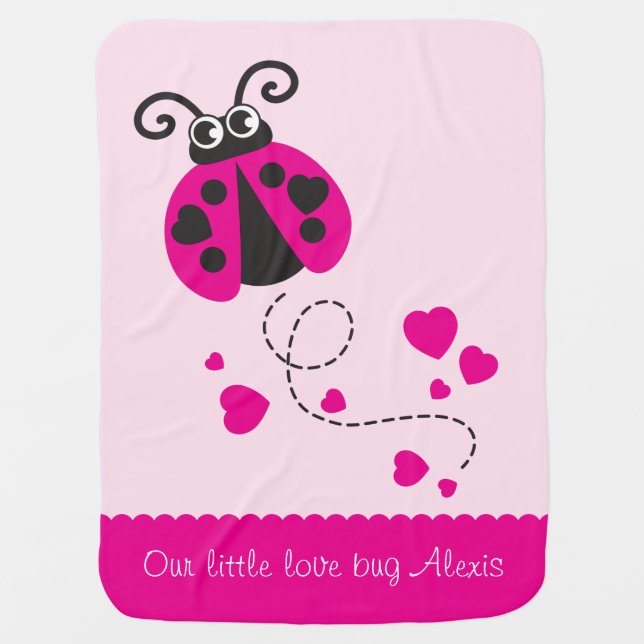 Cute ladybug pink hearts scallop edge name blanket (Front)