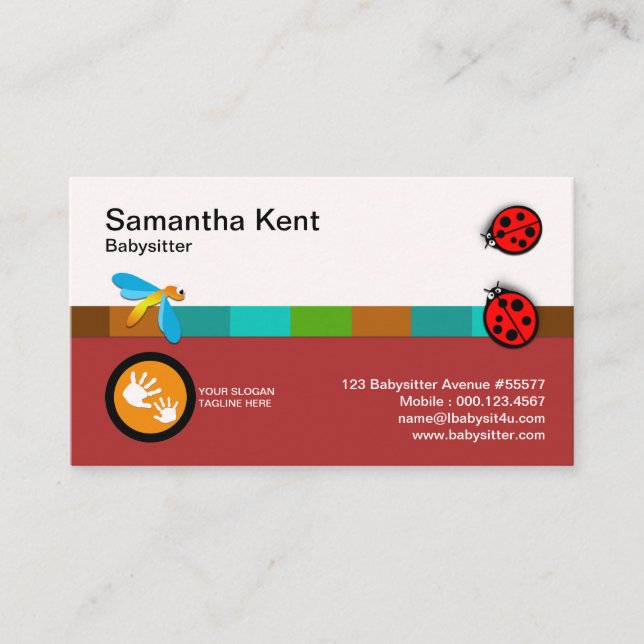 Cute Ladybug Playing Babysitting Services Business Card (Front)
