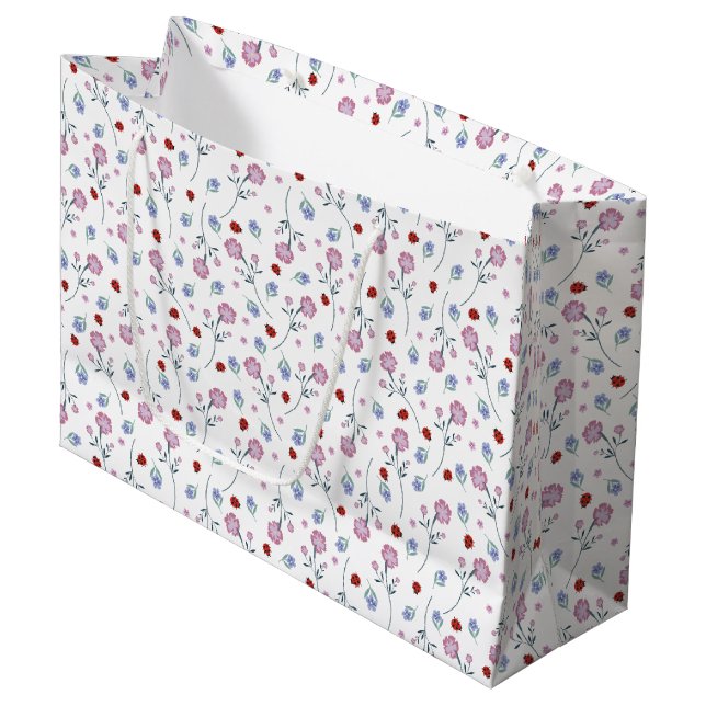 Cute Ladybug Polka dot Daisy Flower Rustic Pattern Large Gift Bag (Front Angled)