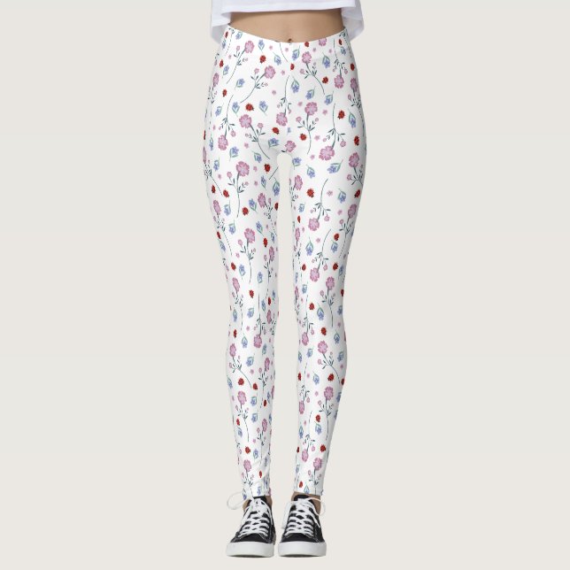 Cute Ladybug Polka dot Daisy Flower Rustic Pattern Leggings (Front)