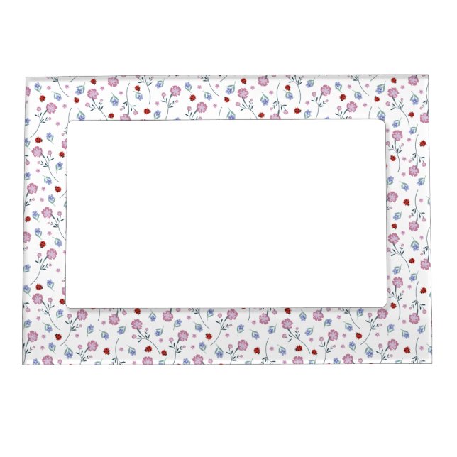 Cute Ladybug Polka dot Daisy Flower Rustic Pattern Magnetic Frame (Front)