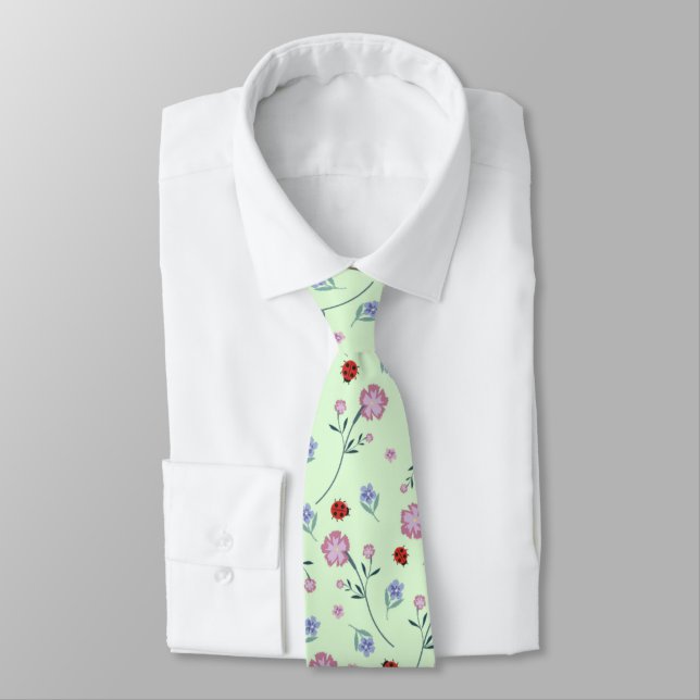 Cute Ladybug Polka dot Daisy Flower Rustic Pattern Neck Tie (Tied)