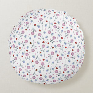 Cute Ladybug Polka dot Daisy Flower Rustic Pattern Round Pillow