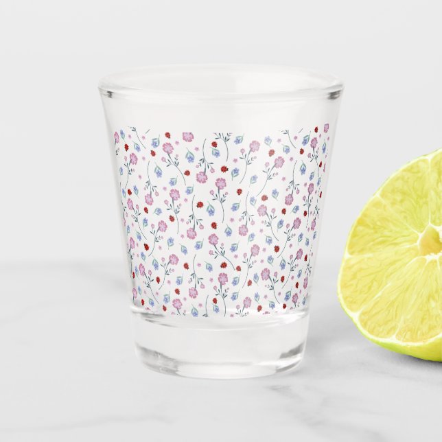 Cute Ladybug Polka dot Daisy Flower Rustic Pattern Shot Glass (Front)