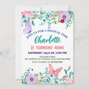 Cute Ladybug Polka dot floral Flower Birthday name Invitation