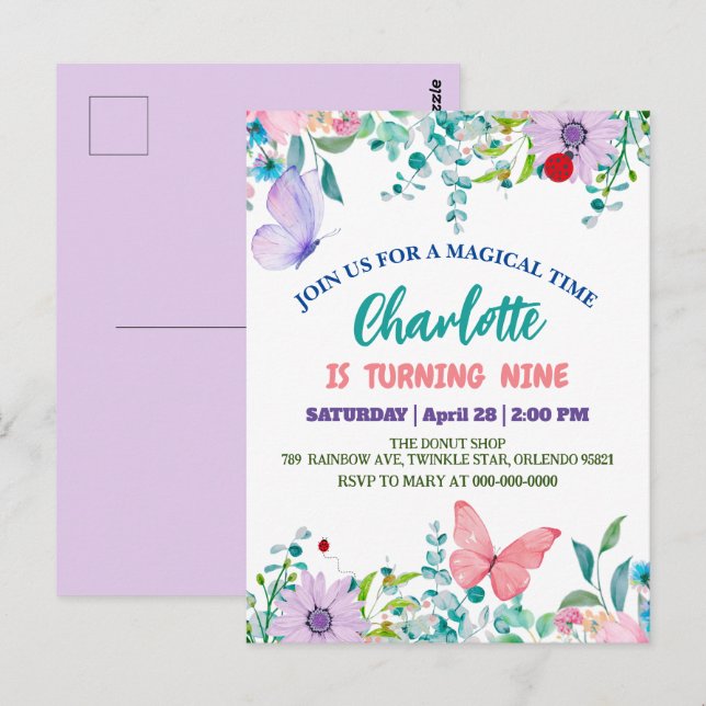 Cute Ladybug Polka dot floral Flower Birthday name Postcard (Front/Back)